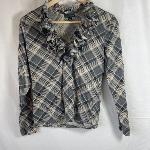 LRL Lauren Jeans Co. Plaid Ruffle Neck Top Sz M - Picture 1 of 10